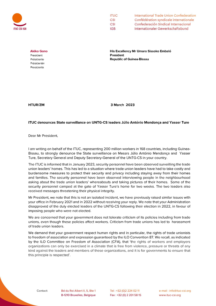 ituc's tweet photo. #GuineaBissau🇬🇼: ITUC strongly denounces State surveillance on UNTG-CS leaders Julio Antonio Mendonça & Vasser Ture.

We demand that the government respects #HumanRights and in particular, the rights of trade unionists to freedom of association and expression guaranteed by the ILO Convention 87.  @USEmbalo