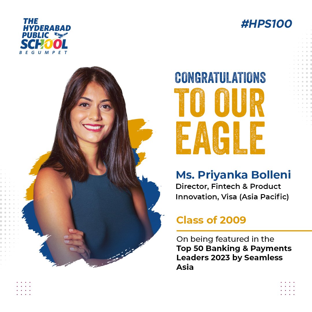 HpsBegumpet's tweet photo. Congratulations to our Eagle, Ms. Priyanka Bolleni (Class of 2009), Vijayanagar House, for being featured as one of the Top 50 banking and payments leaders! We're proud of your achievements.
Keep soaring high!
#HPS #HPSBegumpet #HPS100 #KeepSoaringHigh #Inspiration #Eaglet #Proud https://t.co/vonzJF7woh