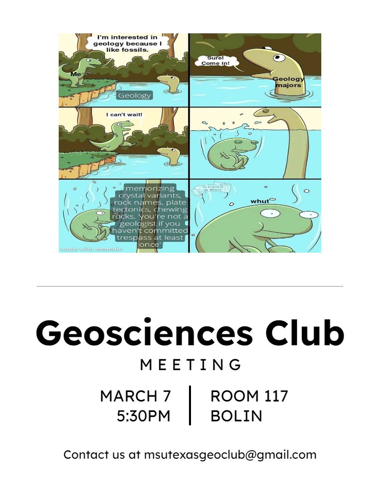 MSUTexasGeoClub's tweet photo. We are having a meeting this Tuesday! We will be talking about the rock sale. So, make such you bring any information you have regarding the sale. See you then! https://t.co/WzhI8vj8KN