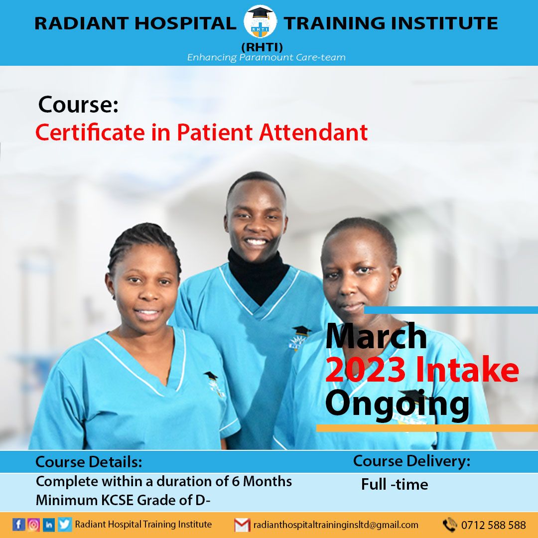 Our March Intake is still ongoing.
Enroll for the Certificate in Patient Attendant today!
Course Duration: 6 Months
Entry Requirements: KCSE Grade D- & Above
Contact us at 0712588588
#marchintake 
#marchintake2023 
#rhti