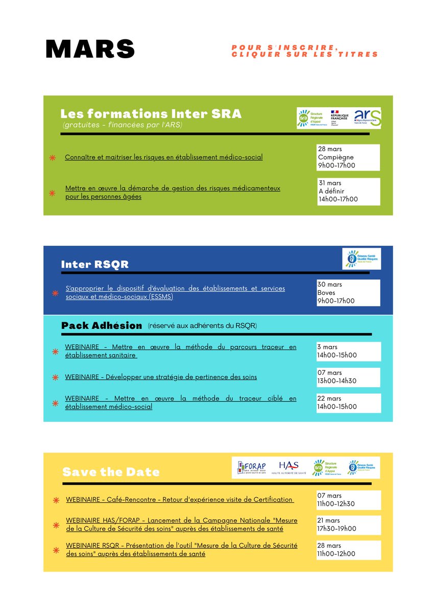 [Evènements 2023] Formations, webinaires, évènements… Découvrez ce qui vous attends en mars
Vous pouvez retrouver toutes les informations sur notre site internet ➡ swll.to/jbr8iS
Partager c'est s'améliorer.
Le RSQR
#RSQR #santé #formations #webinaires #évènements