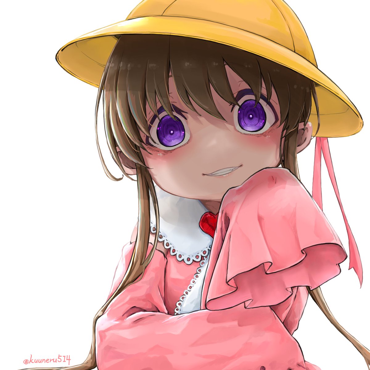 1girl hat solo purple eyes brown hair yellow headwear smile  illustration images