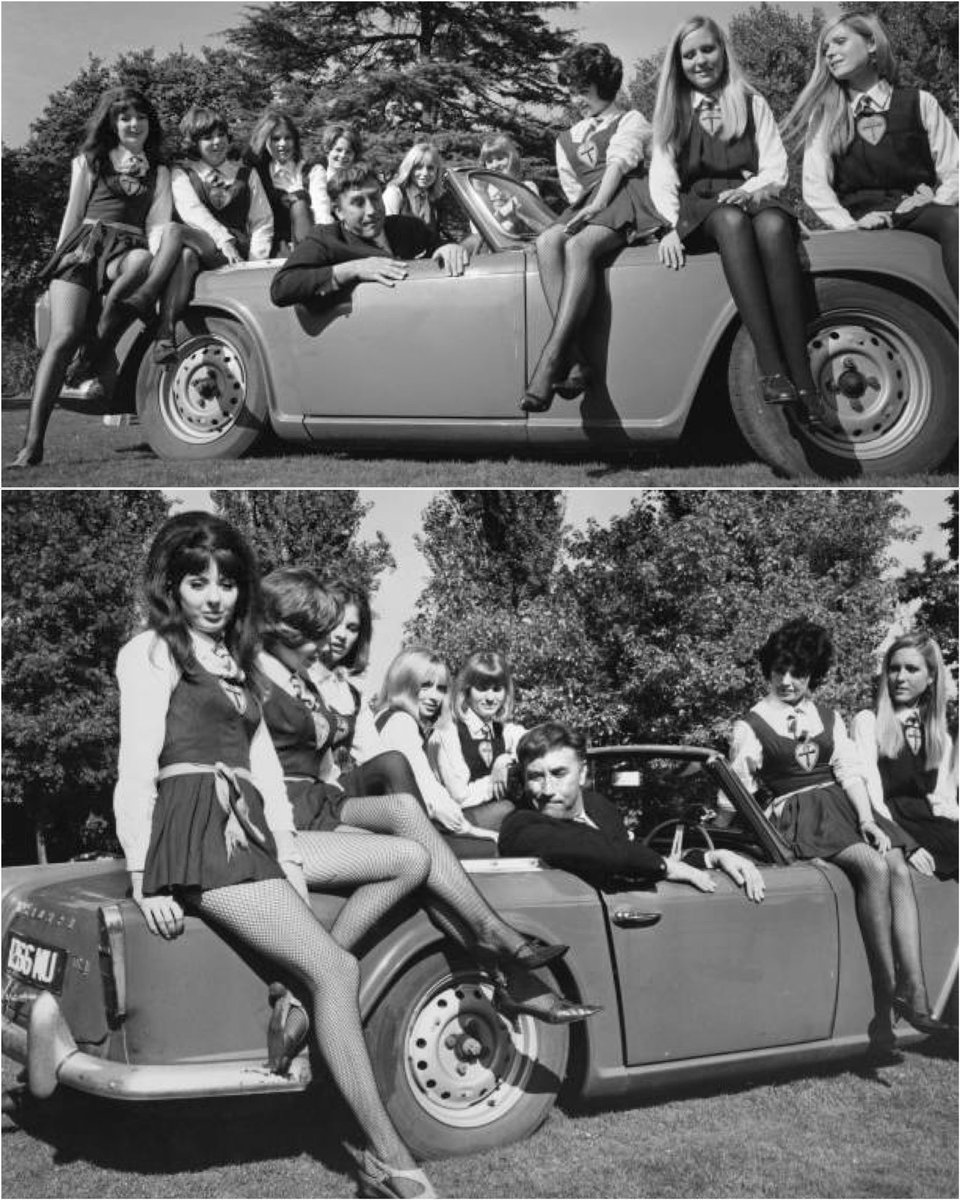 “Look, it’s a TWO seater! Oh, please yourselves …” 

Remembering the comedy genius Frankie Howerd OBE, born #OnThisDay in 1917. 

Press shots from The Great St. Trinian's Train Robbery (British Lion Films, 1966). 

#FrankieHowerd #StTrinians