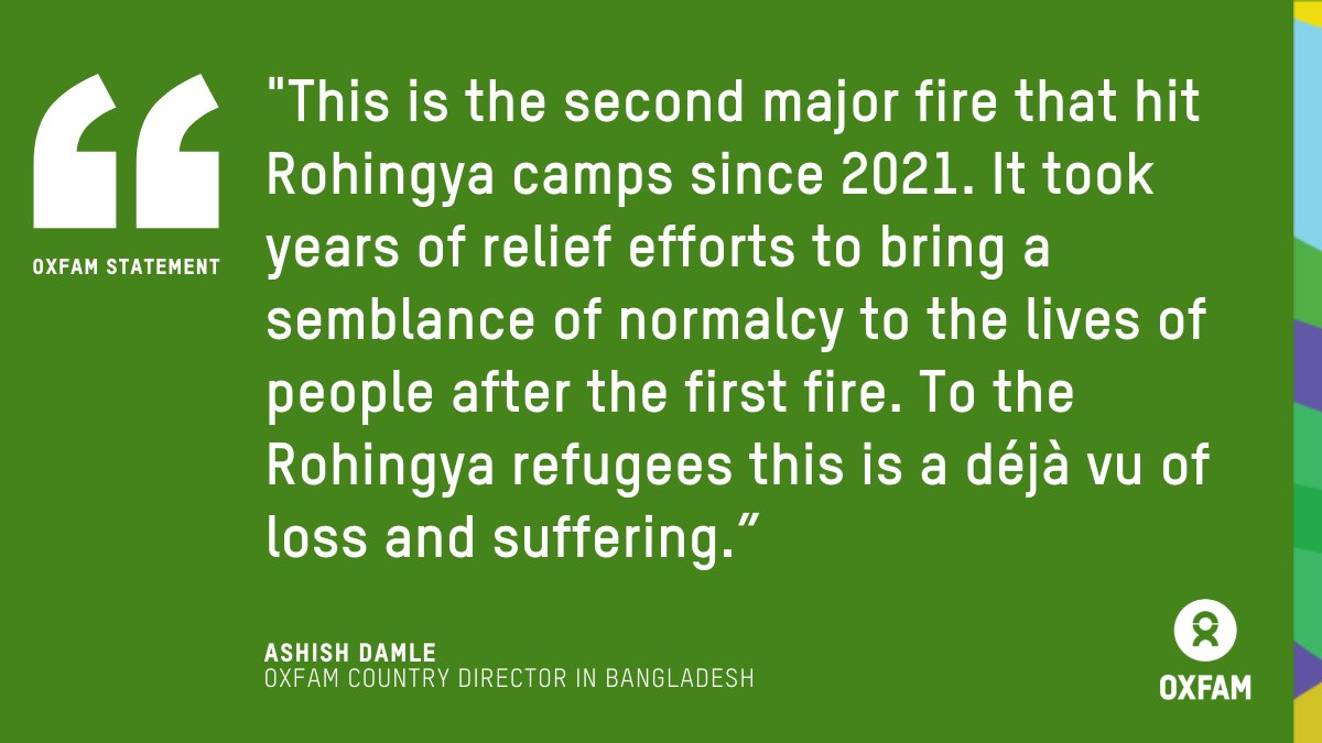 12,000 Rohingya refugees left homeless after fire rips through Cox’s Bazaar camps in Bangladesh. Oxfam is collaborating with local partners to conduct long-term needs assessments for those affected. Read the full story here: oxf.am/3yf8D09