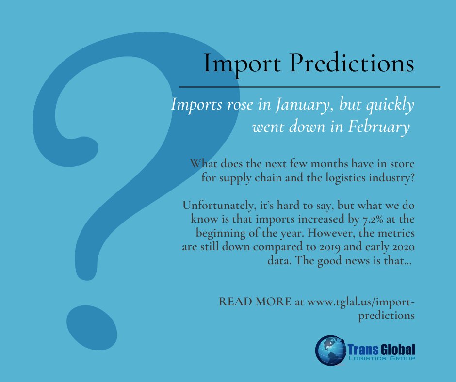Imports rose in January, but quickly went down in February. What does the next few months have in store for supply chain and the logistics industry? Read more: tgal.us/import-predict… 972-559-3202 info@tgal.us #logisticsusa #logistics #shipping #supplychain
