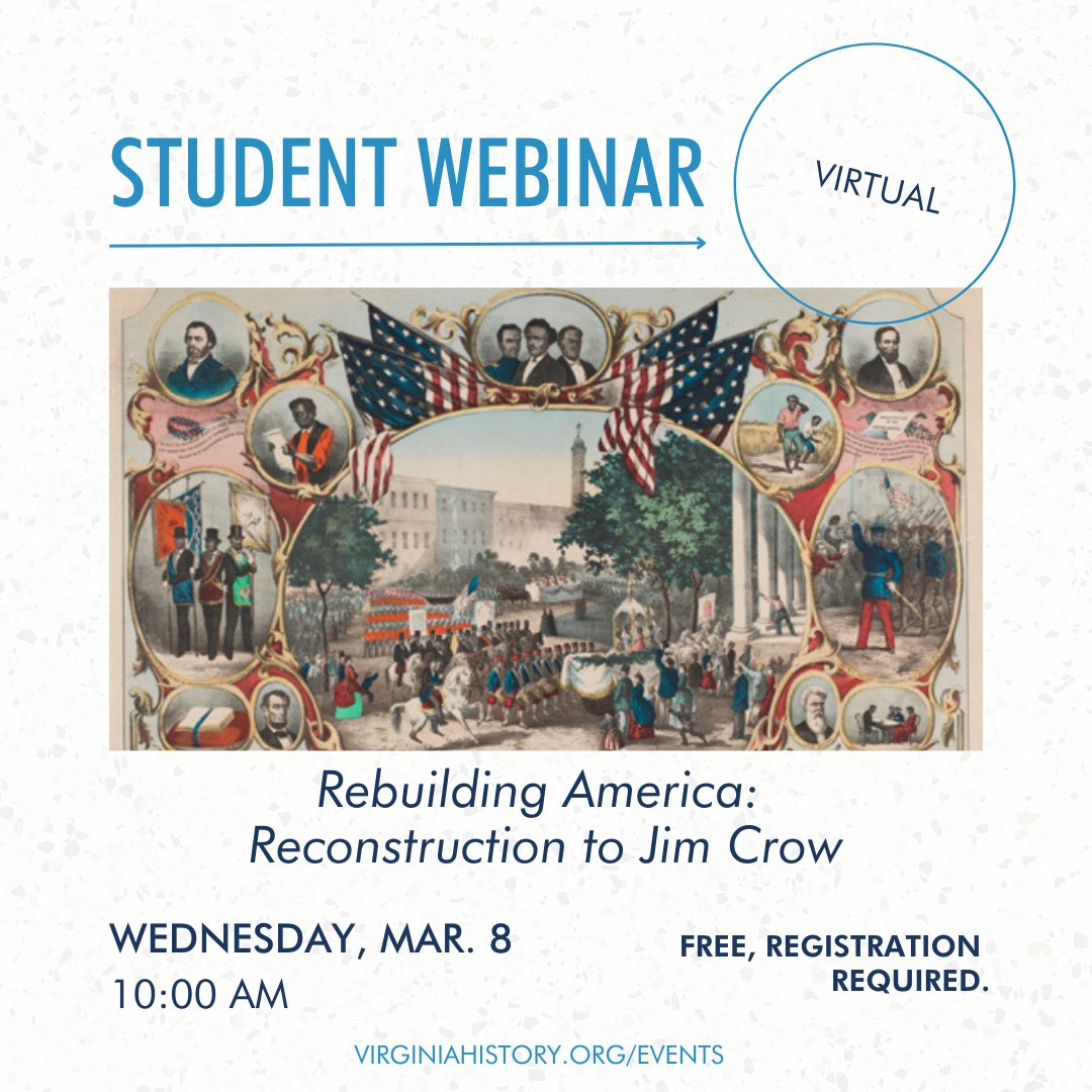 VirginiaMuseum's tweet photo. What's happening at the #VMHC this week? Check out a Student Webinar about the Reconstruction era w/ @VMHCEducation and a special lecture about Samuel Adams with @StacySchiff! Details & tickets at https://t.co/aEbATrhQF0. https://t.co/bnmLg0PCbG