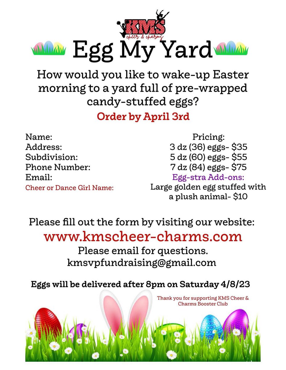 kms_club's tweet photo. A fun way 4 your kiddos 2 wake up Easter morning Or maybe want 2 do something special 4 a friend, client, or customer 4 Easter 2 show you appreciate them? Egg My Yard is a fun event #KMSCheer & #KMSCharms do each year in #KingwoodStrong community. Go to https://t.co/RMGzw4hFPY 🍭 https://t.co/TejhDkZBEb