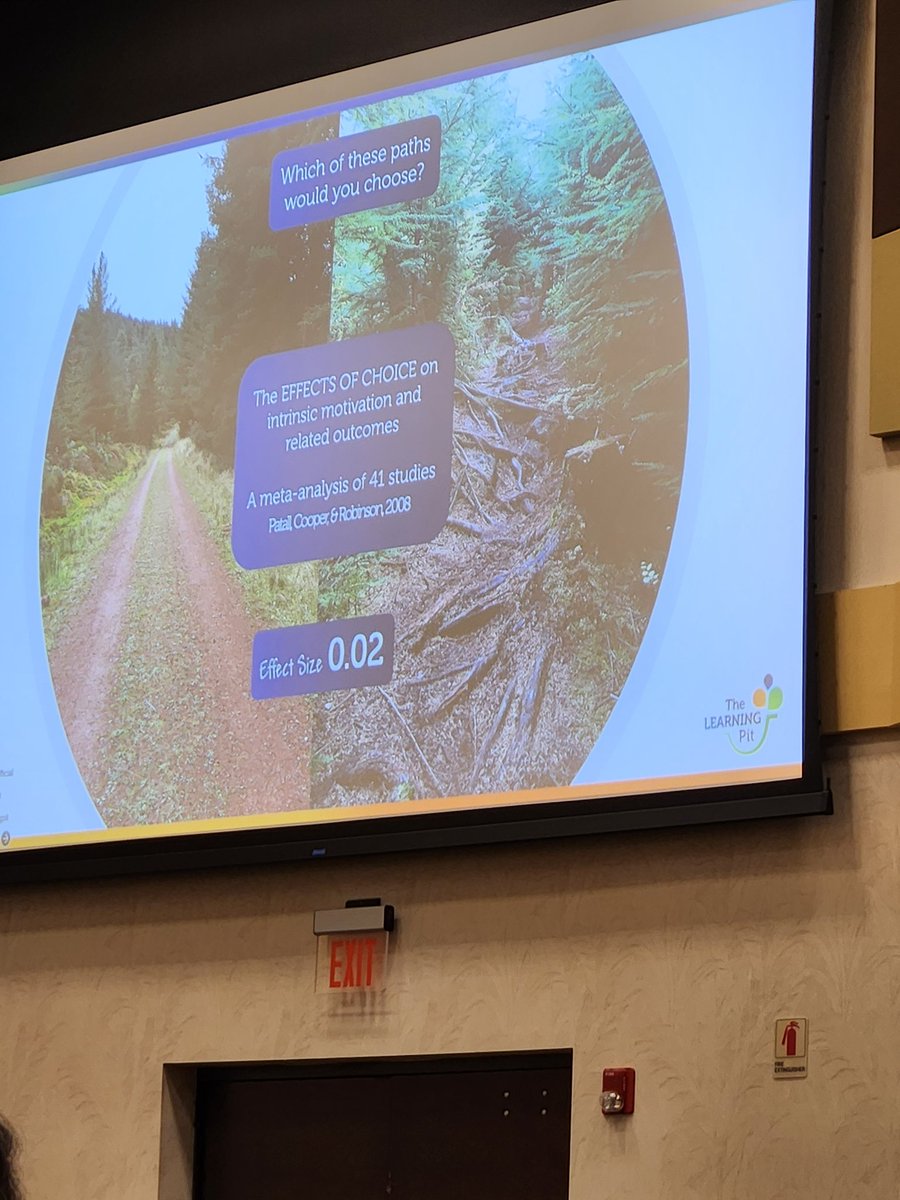 When we give students choice, they learn less. A lot less. When given choice, students pick the easiest choice for them, which doesn't produce growth. <a href="/JamesNottinghm/">James Nottingham</a> explaining the need for a learning pit. Struggle causes growth. #SHOWMEPD23