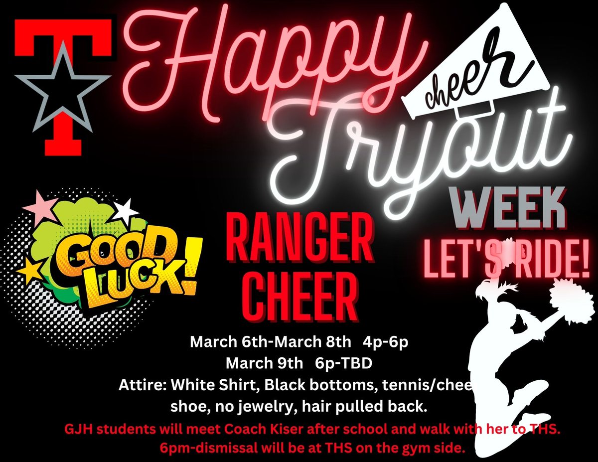 BFTerryCheer1's tweet photo. Happy Cheer Tryout Week Rangers! Tryout practice begins today and will lead into official tryouts on March 9th. LET'S RIDE!!! #rangerpride @Terry_Rangers @GJHAthletics @CheerGjh @GJHRangers https://t.co/eO2xlSAKy9