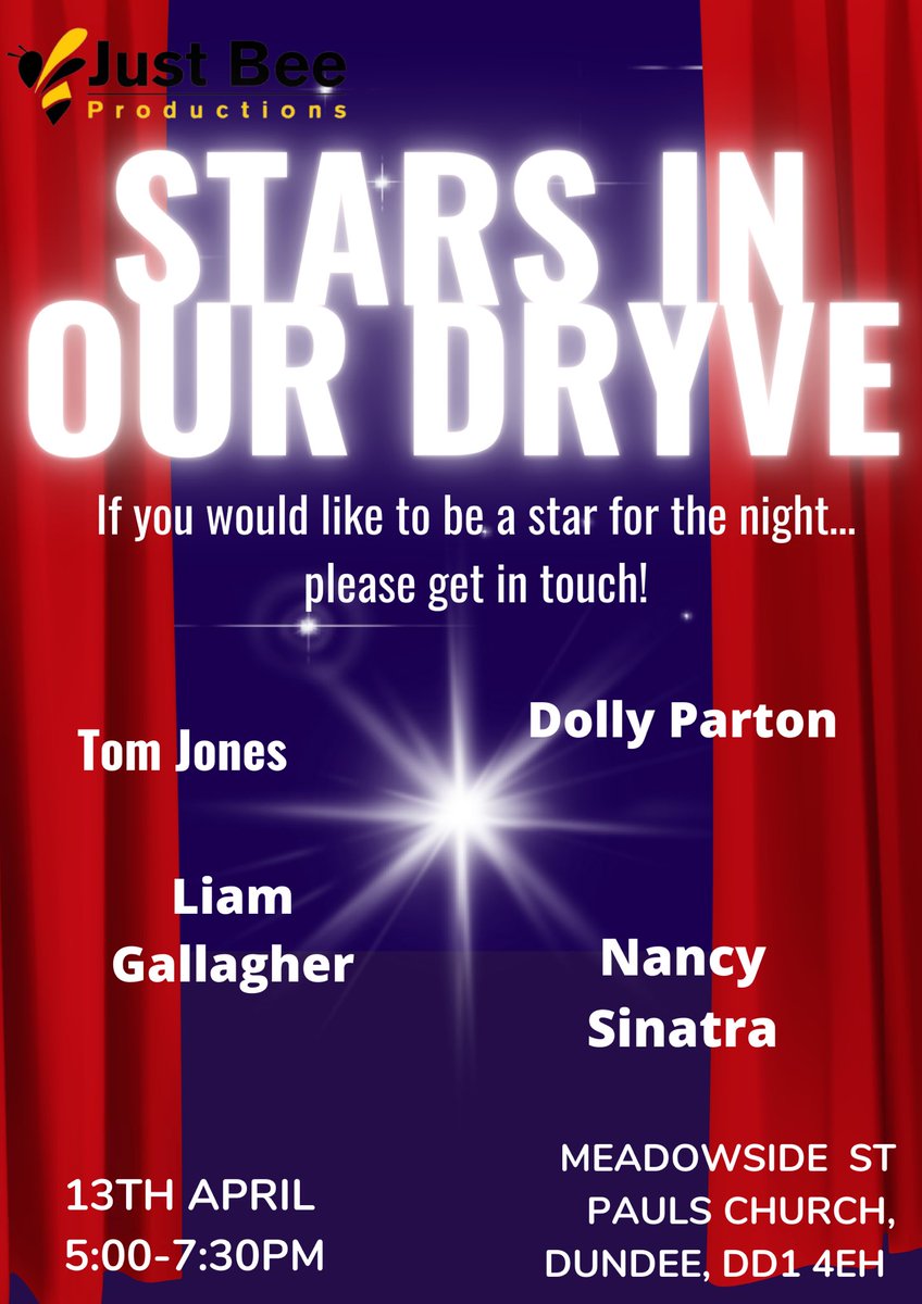 justbeeingyou's tweet photo. Stars In Our DRYve… 🌟 ⭐️ 💫 👁 

If you would like to be a star for the night please don’t hesitate to get in touch!

Our community cafe will also be open on the night☕️

13th April 5:00-7:30pm

Free to everyone ♥️

📍Meadowside St Paul’s Church, Dundee, DD1 4EH - side door https://t.co/WzY9jAvsZ3