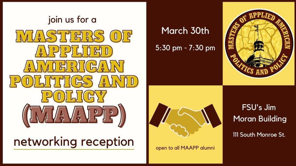 𝐂𝐚𝐥𝐥𝐢𝐧𝐠 𝐚𝐥𝐥 𝐌𝐀𝐀𝐏𝐏 𝐀𝐥𝐮𝐦𝐧𝐢:
Join us for a networking reception in Tallahassee: 
📆 March 30th
🕰️ 5:30 - 7:30 
📍 FSU Jim Moran Building