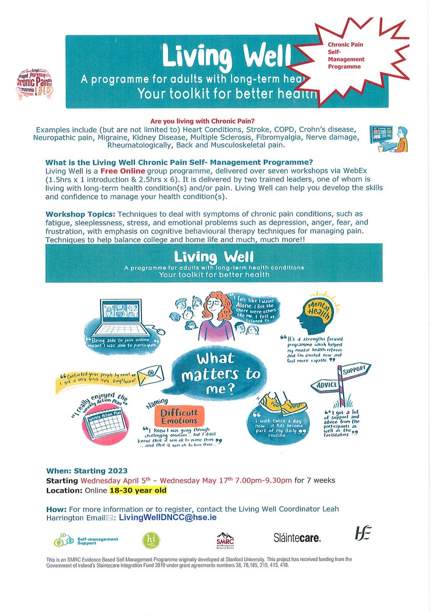 leahsnewworld's tweet photo. Are you aged between 18-30 and living with a Chronic Pain condition? If so this programme is for you Living Well Chronic Pain Self Management Programme starting on Wednesday April 5th. For more info email Leah on LivingWellDNCC@hse.ie to register free today!! @HSECHODNCC #pain https://t.co/YCAGvVdXXo
