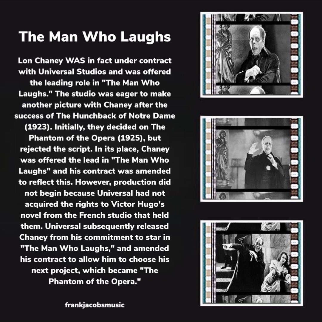 Lon Chaney was originally cast as Gwynplaine in Universal’s The Man Who Laughs but at the last minute, he withdrew. Check out my rescore for The Man Who Laughs on YouTube. #phantomoftheopera, #filmfactsoftheday, #horrorfilms, #makeupfx, #artsandentertainment,