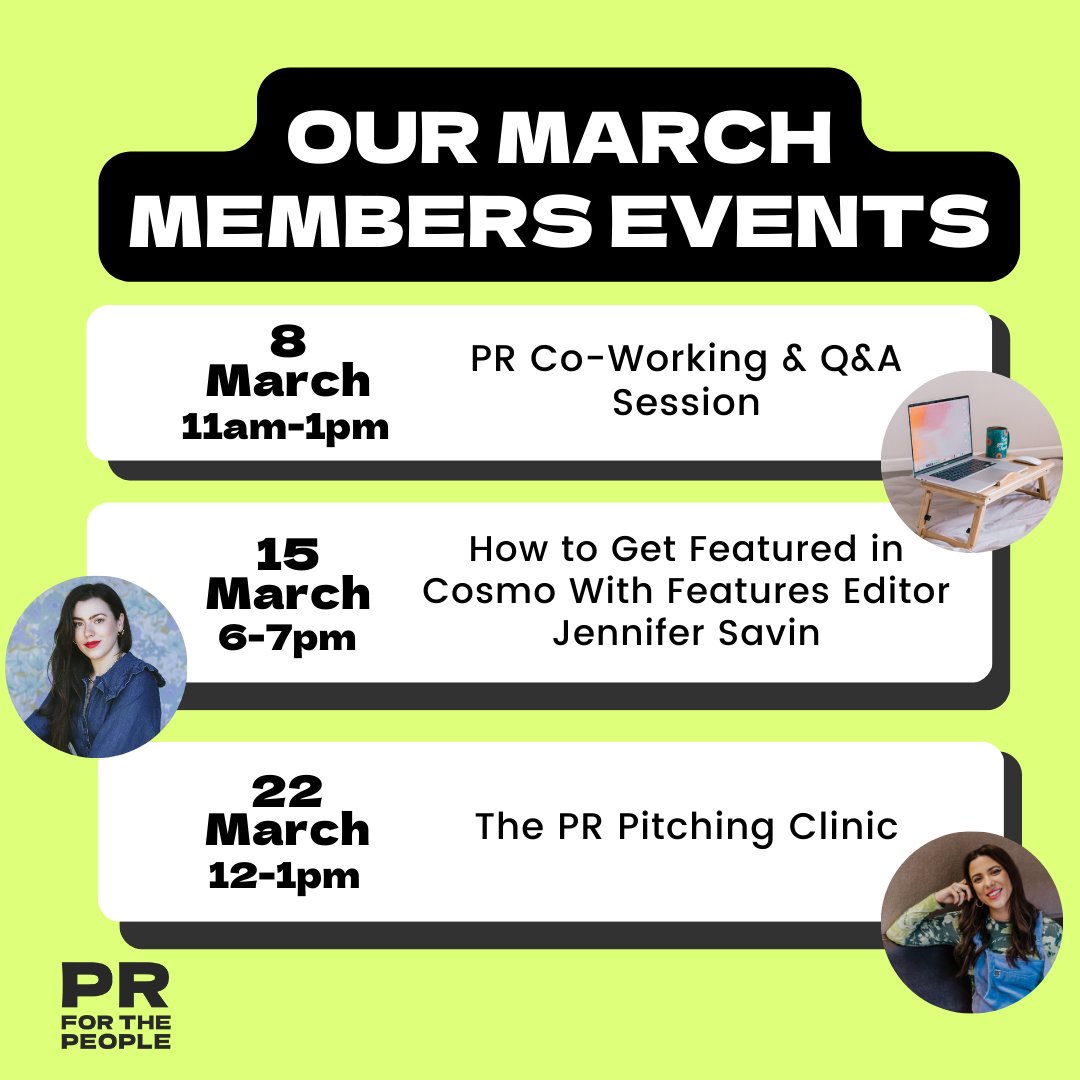 PR_forthePeople's tweet image. Our March events🤩:

⚡️PR Co-Working &amp;amp; Q&amp;amp;A Session 

⚡️How to Get Featured in Cosmo with Features Editor Jennifer Savin

⚡️The PR Pitching Clinic

Find out more about our membership through the link in bio 💚 #diypr #smallbusiness #prtips #events #workshop