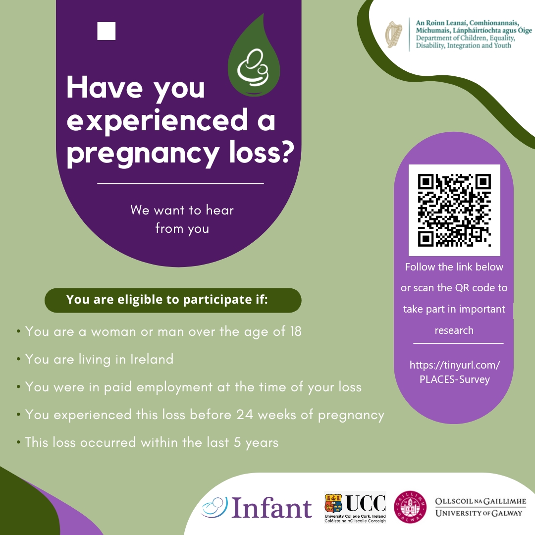 Have you experienced the loss of a pregnancy (<24 wks)* whilst in paid employment, in 🇮🇪, in the last 5yrs? If so, please take part in our @dcediy-funded survey to inform the development of supports tinyurl.com/PLACES-Survey *Includes ectopic, molar, termination, miscarriage