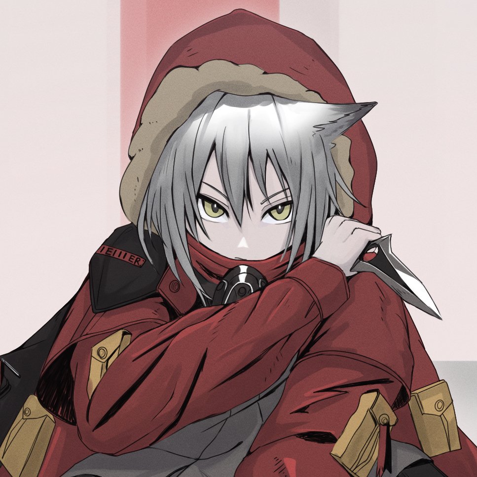 projekt red (arknights) 1girl animal ears solo jacket wolf ears holding hood  illustration images