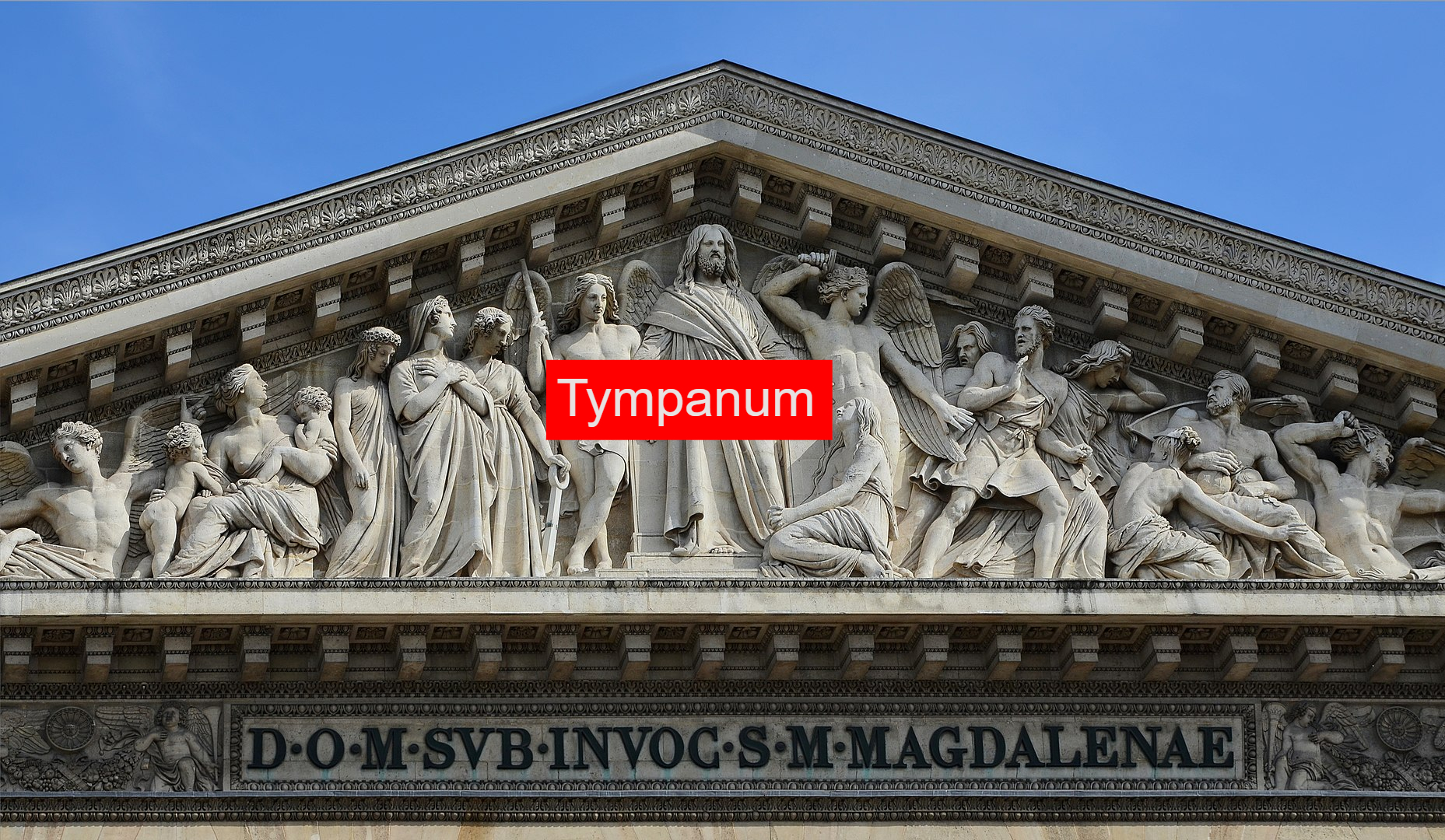 Tympanum: the space inside the pediment, generally used for sculptures in classical architecture.