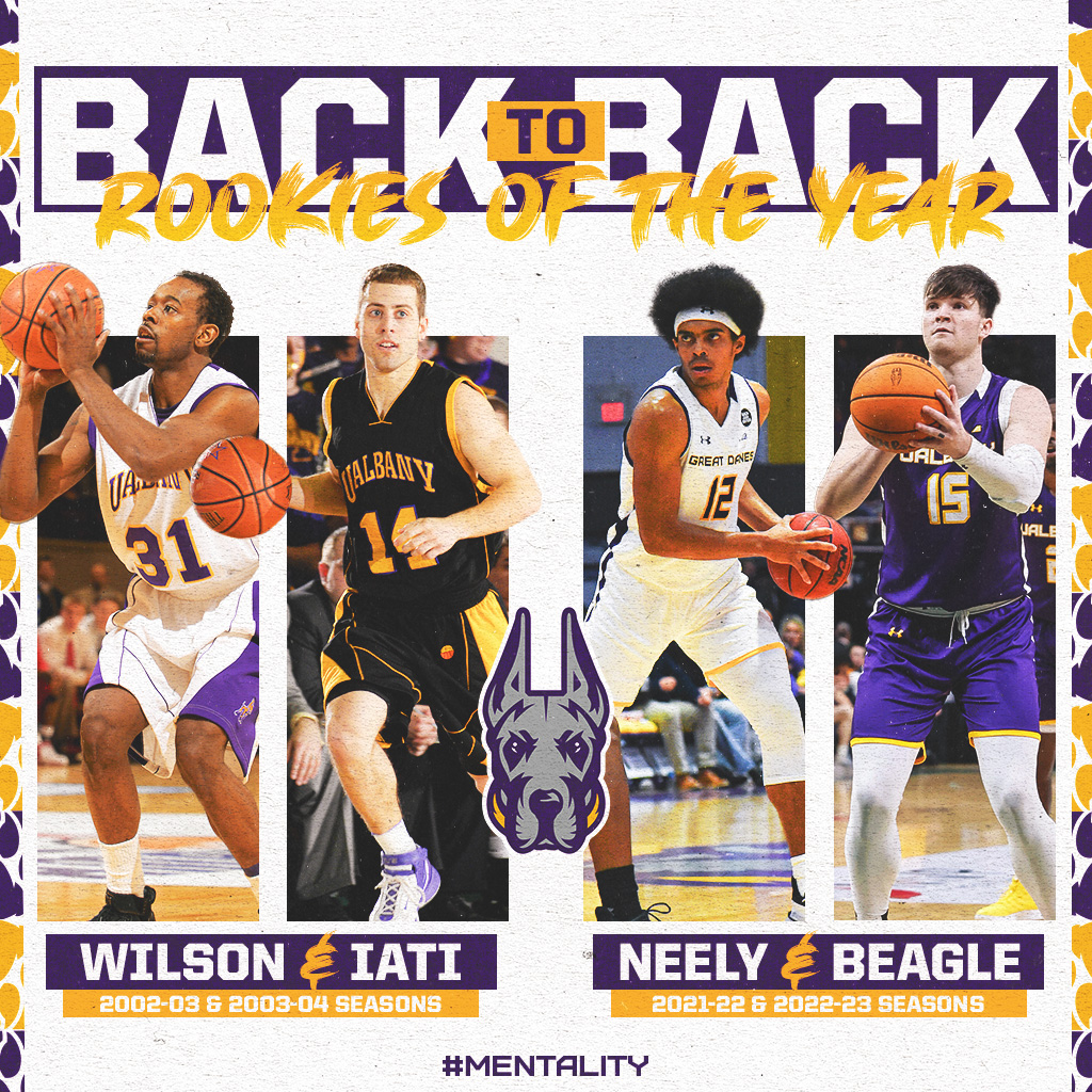 It's happened once before 👀 The Great Danes haven't had back-to-back Rookies of the Year since Jamar Wilson & Jon Iati did it back in 02-03 & 03-04 📅 The UAlbany legends would go on to win ✌ @AmericaEast Championships 🏆 #UAUKNOW #MENTALITY