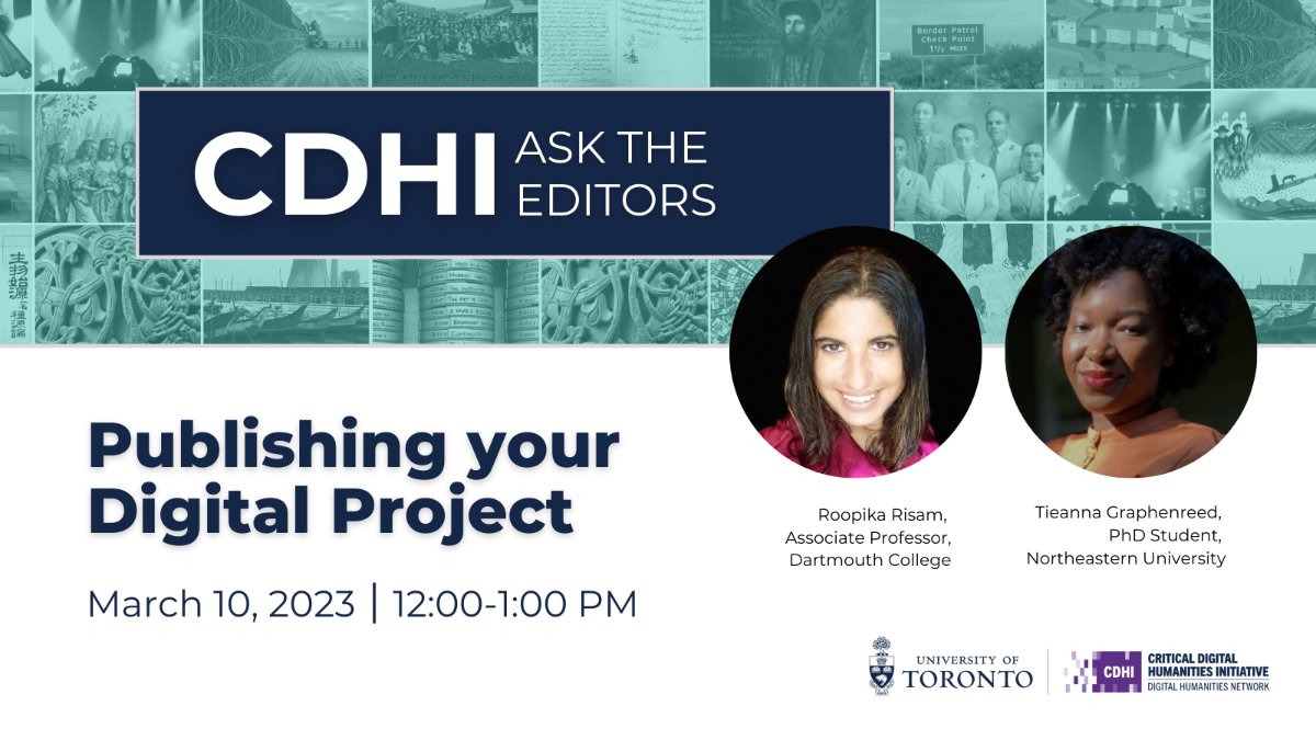 ⏳Friday at noon! Publishing Your Digital Project is coming up later this week. Join editors <a href="/roopikarisam/">Roopika Risam</a> and @graphtie to learn about #ReviewsInDH's model for peer review, other venues for publishing, how to prep your DH project, and more. 

Register at uoft.me/8Q2.