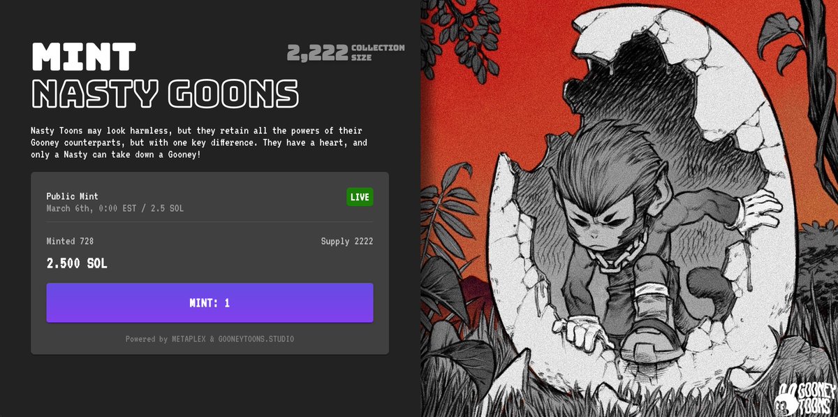 Get your Nasty Goon before the reveal in 3 hours! 

The one and only mint site for the nastiest PFP 😈
mint.gooneytoons.studio