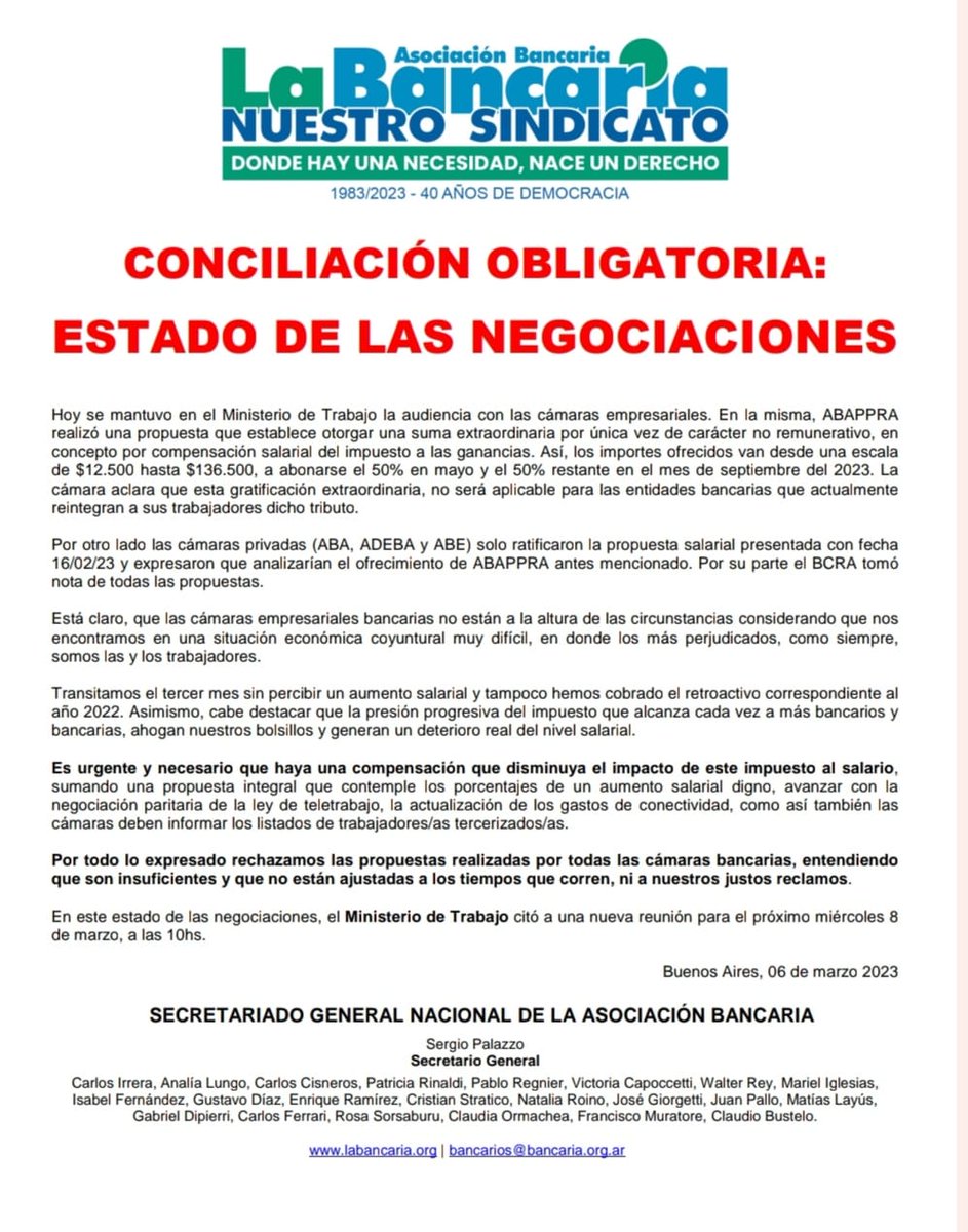 La_Bancaria's tweet photo. #Paritarias2023 

CONCILIACIÓN OBLIGATORIA: ESTADO DE LAS NEGOCIACIONES

Más info 👉 https://t.co/zYrMf7H3DM https://t.co/UfM5rfE0TT