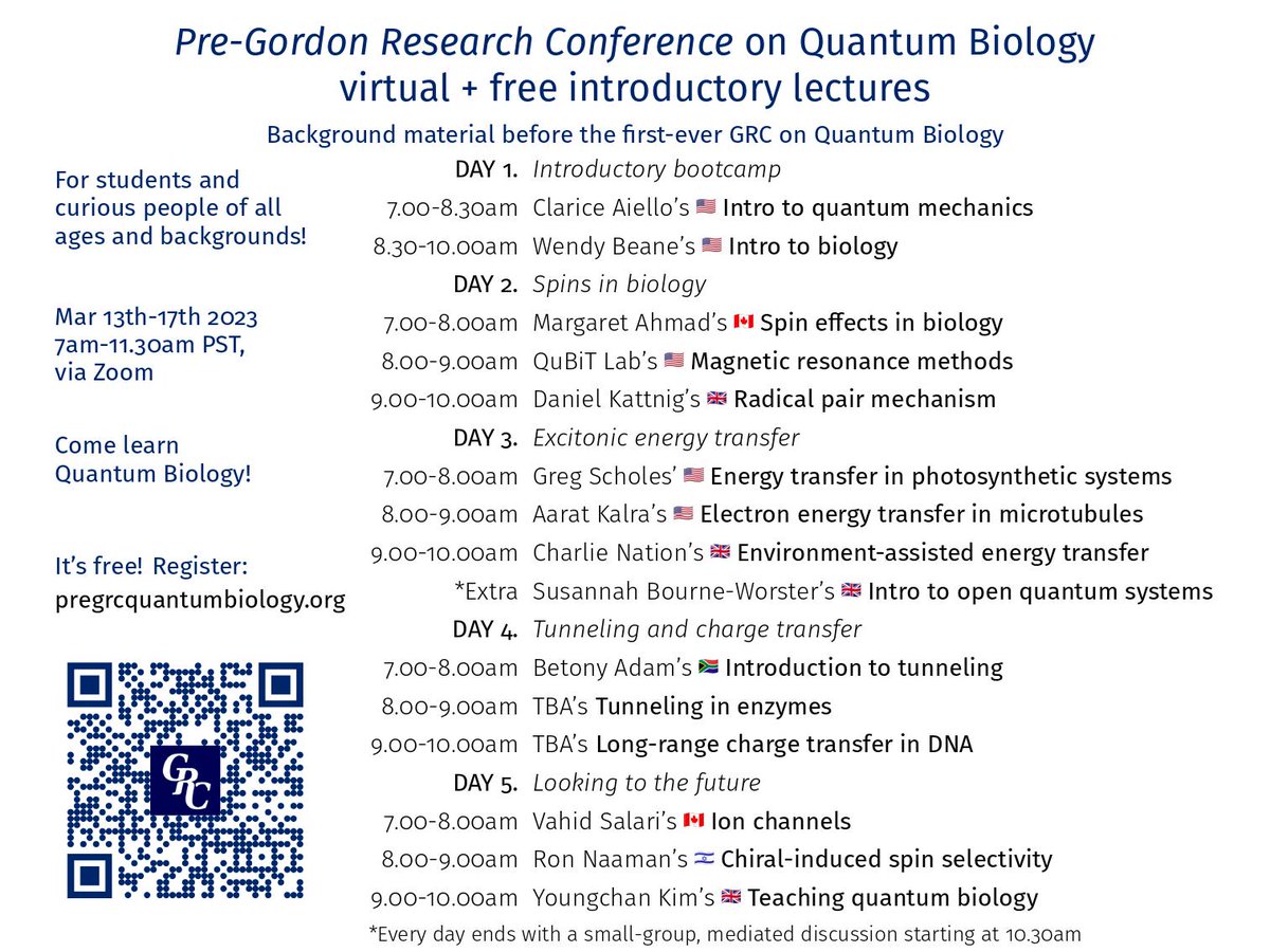 🚨Mar 13-17, 7--11.30am PST: free introductory lectures Pre-<a href="/GordonConf/">Gordon Research Conferences</a> Quantum Biology!🚨

Possibly one of the first "Schools" on Quantum Biology, we will introduce some "flavors" of quantum effects that might be at play in nature. 

🚨Register at:🚨
🚨pregrcquantumbiology.org 🚨