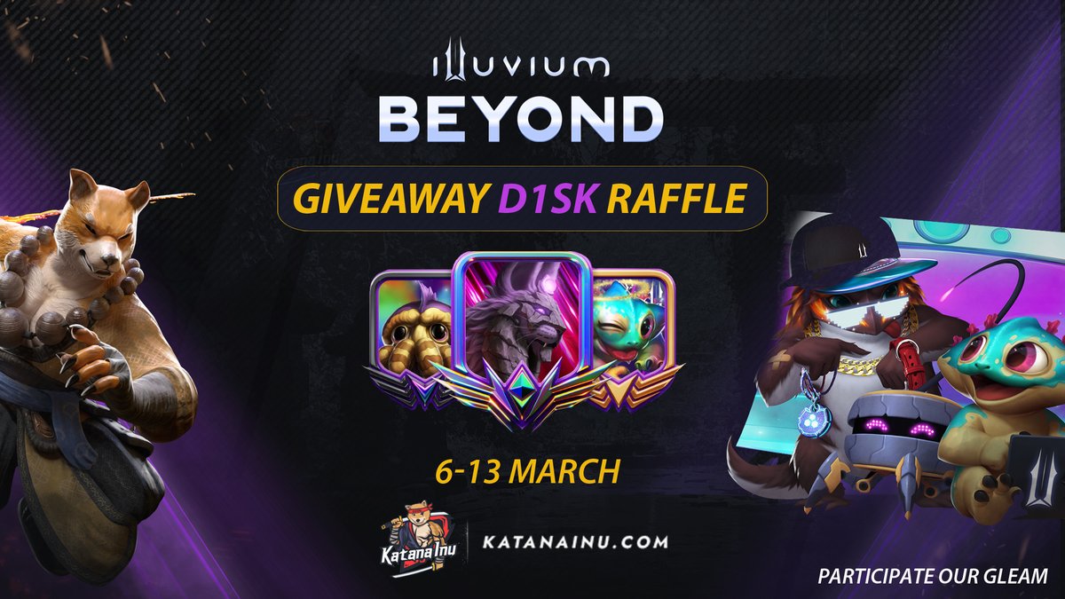 🚨 Ready for an epic D1sk #Raffle? 🎁

To celebrate the partnership we announce a new #giveaway with our frens to win some cool #Illuvitars from <a href="/illuviumio/">Illuvium</a>: Beyond!😍

🥷Follow <a href="/katanainu/">Katana Inu</a> &amp; <a href="/illuviumio/">Illuvium</a>
🥷Fill Gleam: bit.ly/3F0A2Xw
🥷Retweet &amp; ❤️
🥷Tell us which