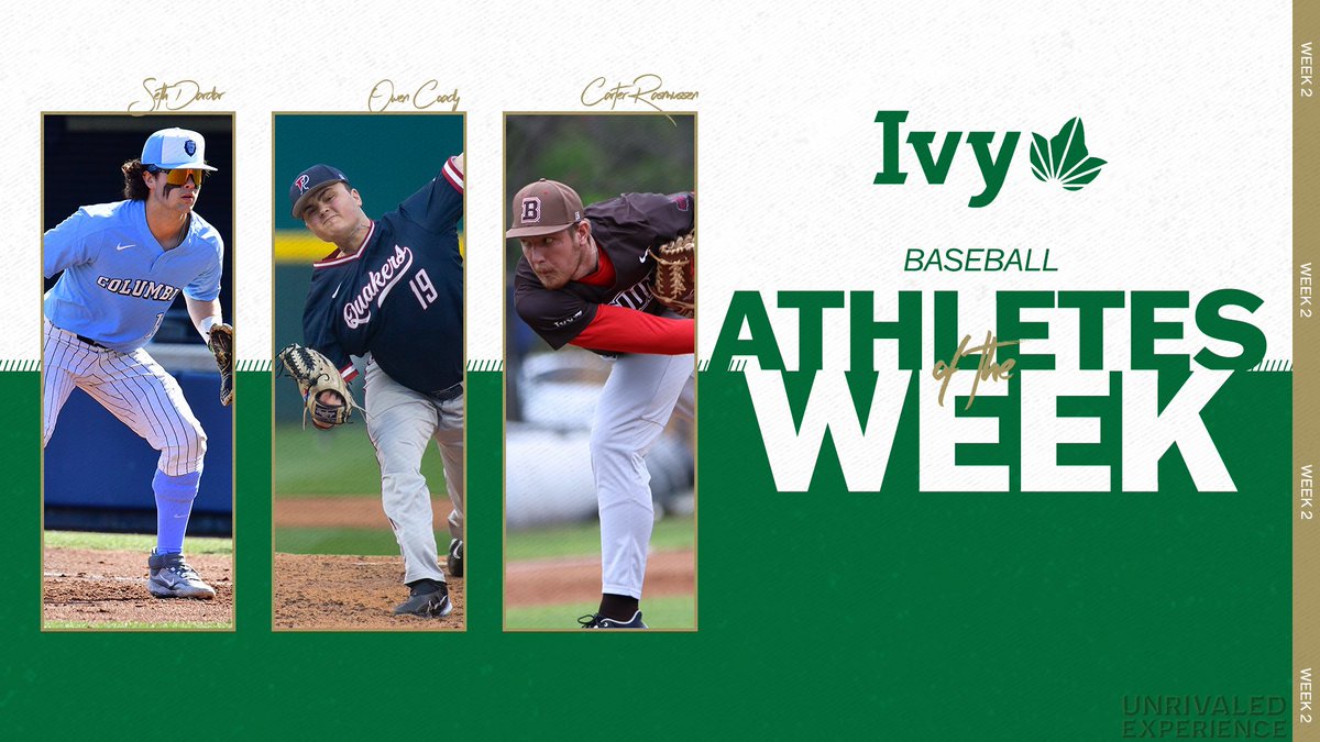 Ivy League (@ivyleague) on Twitter photo Following strong performances, <a href="/CULionsBaseball/">Columbia Baseball</a>'s Seth Dardar, <a href="/PennBaseball/">Penn Baseball</a>'s Owen Coady and <a href="/BrownU_Baseball/">Brown Baseball</a>'s Carter Rasmussen earned baseball weekly awards. 🌿⚾️
📰 » ivylg.co/BASE030623 Following strong performances, <a href="/CULionsBaseball/">Columbia Baseball</a>'s Seth Dardar, <a href="/PennBaseball/">Penn Baseball</a>'s Owen Coady and <a href="/BrownU_Baseball/">Brown Baseball</a>'s Carter Rasmussen earned baseball weekly awards. 🌿⚾️
📰 » ivylg.co/BASE030623
