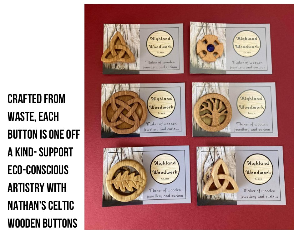 barnowlbothy's tweet image. Exciting news for all crafting enthusiasts! We highly recommend checking out Highland Woodwork's new  handmade Celtic wooden statement buttons . Using reclaimed wood offcuts, each button is unique ,perfect vegan gift for any crafting friend! #FibreFest #Dornoch #HandmadeButtons