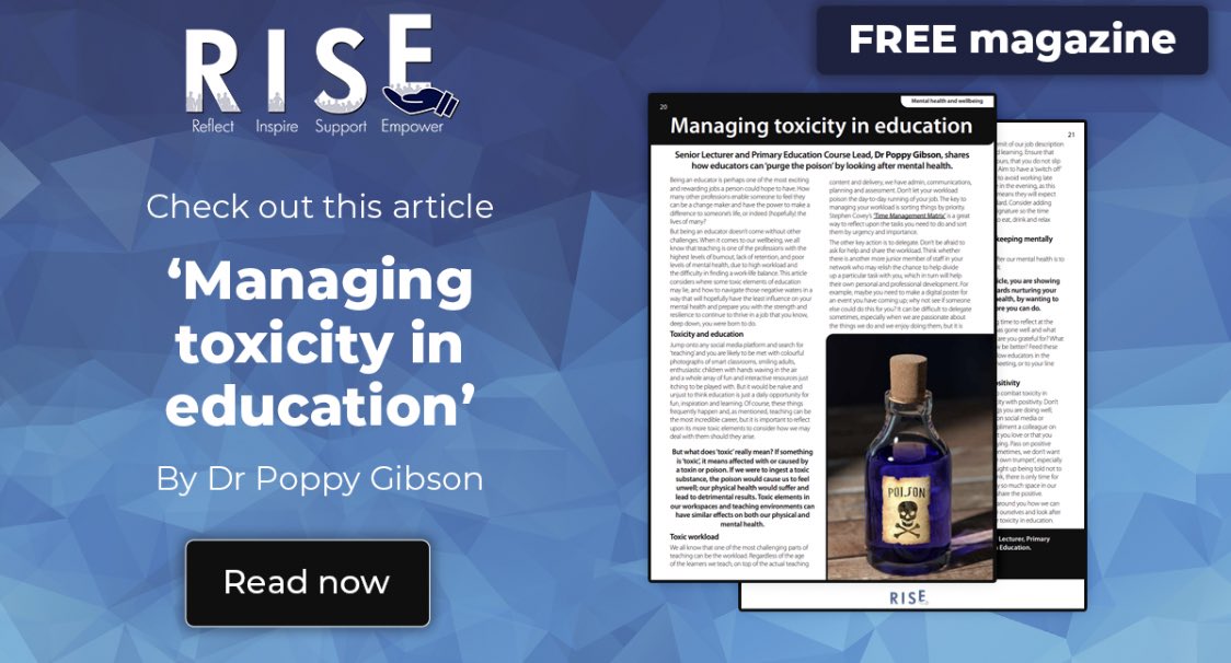 So excited to see my article published today in #RISEEduMag ☺️👏🏼
I’ve written on the subject of #toxicity in #education and how we can manage our relationships and workload to improve #wellbeing 

Subscribe for free to read (full of brilliant articles!)
netsupportsoftware.com/rise-magazine/