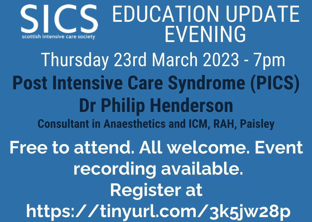 SICS (@sicsmembers) on Twitter photo The next SICS Evening Education update will take place on Thursday 23rd March at 7pm.
<a href="/philiphend/">philip henderson</a> will join us to discuss PICS and the outcomes from the <a href="/InSPIREICU/">InS:PIRE Programme</a> cohort.
Free to all, all members of MDT welcome.
Sign up at tinyurl.com/3k5jw28p The next SICS Evening Education update will take place on Thursday 23rd March at 7pm.
<a href="/philiphend/">philip henderson</a> will join us to discuss PICS and the outcomes from the <a href="/InSPIREICU/">InS:PIRE Programme</a> cohort.
Free to all, all members of MDT welcome.
Sign up at tinyurl.com/3k5jw28p