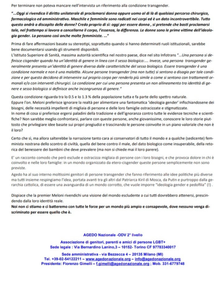 COMUNICATO AGEDO NAZIONALE Nota in risposta all'intervista della Presidente del Consiglio #GiorgiaMeloni nel settimanale @Grazia (6/3/2023) in merito alle sue affermazioni sulle persone #trans e sull'#omogenitorialità