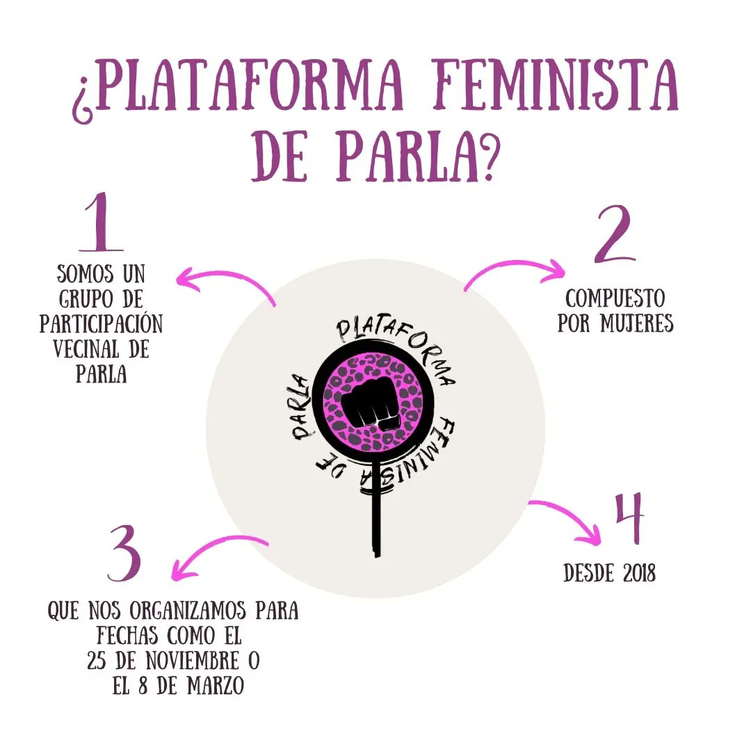 8Mparla's tweet photo. ¿Qué es la Plataforma Feminista de Parla? 

Aquí os lo contamos muy sencillito en 4 pasos. 

¿Eres vecina de Parla?
¿Eres feminista?
¿Quieres participar?
¡Este es tu espacio! https://t.co/UhMPOIwfSt