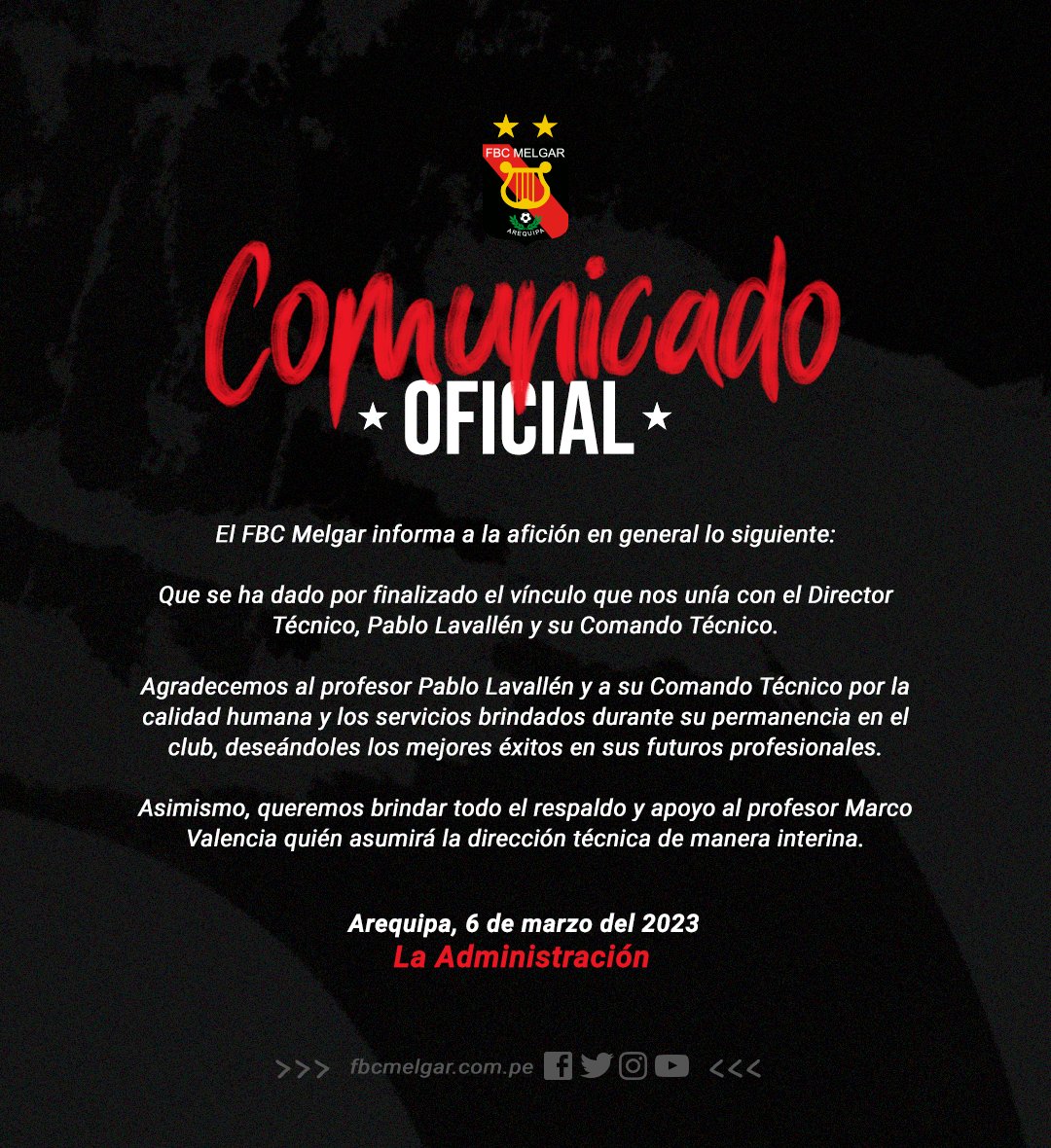 Tomenotape's tweet photo. .@MelgarOficial rescinde contrato al entrenador Pablo Lavallén luego de derrota ante Universitario, el último domingo. https://t.co/0xVhcYOYcP
