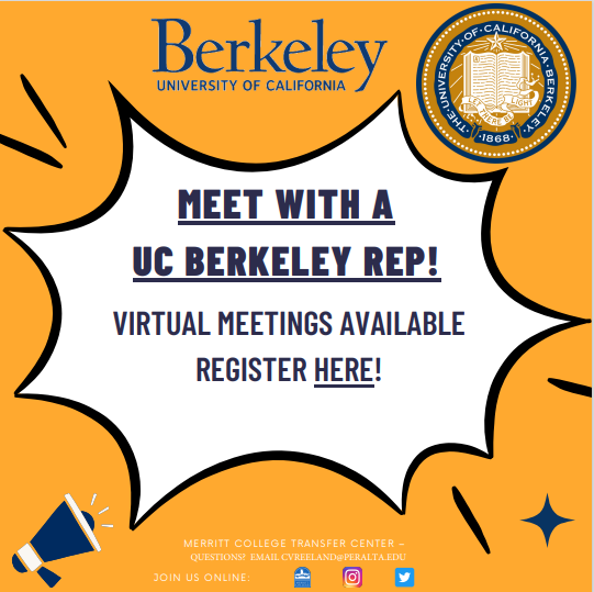 TransferMerritt's tweet photo. Schedule your appointment with Leilt Habte, UC Berkeley representative, for this Spring 2023 semester!

Register here:
https://t.co/P2zSv6JoJT

#transfer #transfercenter @UCBerkeley  @CalTransfers @PeraltaColleges @MerrittCollege https://t.co/IHZ6Tga3OT