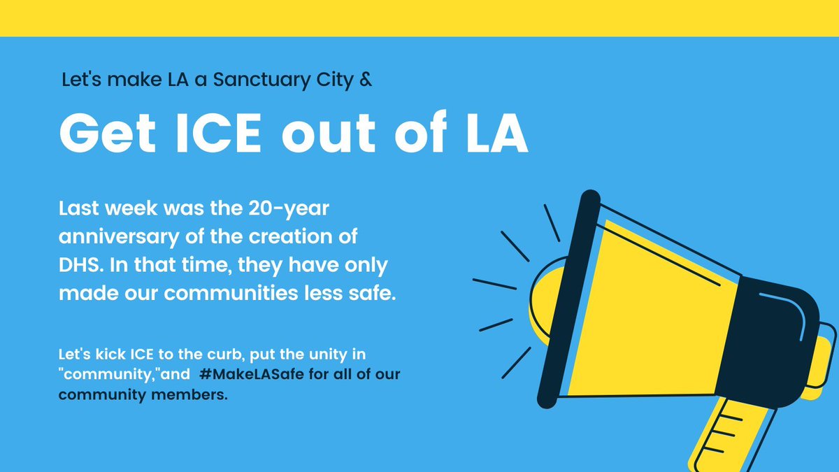 Big thank you to <a href="/cd1losangeles/">Councilmember Eunisses Hernandez</a>, <a href="/cd4losangeles/">Councilmember Nithya Raman</a>, and <a href="/HugoForCD13/">Hugo Soto-Martínez</a> for stepping up, getting ICE out of our communities, and making LA a sanctuary for all. #ICEoutofLA #MakeLASafe