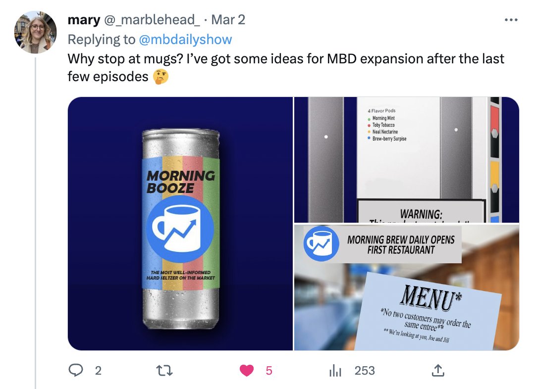 mbdailyshow's tweet photo. AND WE HAVE A WINNER

@_marblehead_ absolutely dominated the competition with her MBD-inspired booze, vape, and restaurant menu

check your DMs Mary...you've got a mug comin your way https://t.co/DP1JVqMOOL