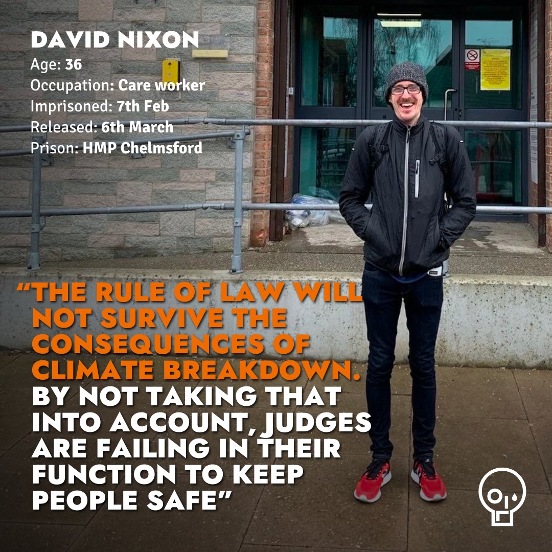 JustStop_Oil's tweet photo. 🧡 RELEASED

🦺 David Nixon has been freed after being imprisoned for telling a jury he took action with Insulate Britain due to concern around the climate crisis and fuel poverty.

👮🏻‍♂️ This shocking attempt to influence a jury with words landed him in prison for eight weeks. https://t.co/Y5yxDTTyfA