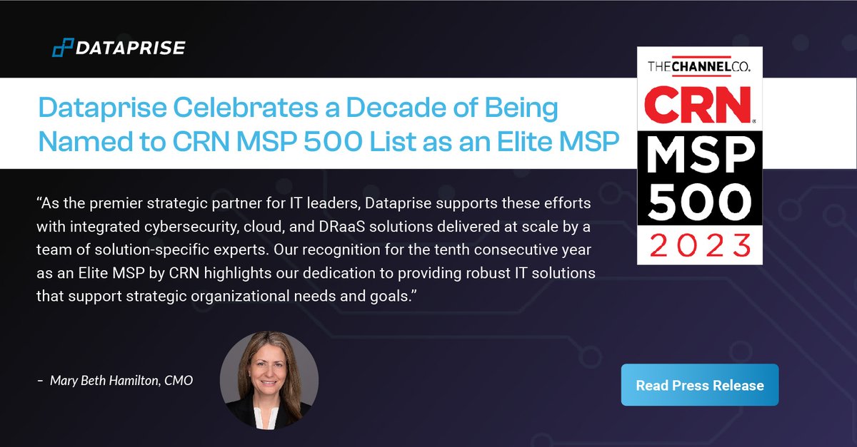 Dataprise's tweet photo. π1 whole decade! We are proud to announce that we have been named to CRN's MSP 500 List for our tenth consecutive year in the Elite 150 category. Read about our milestone here -> https://t.co/JTgul8QoPC
#MSP500 #Cybersecurity #WinningInIT https://t.co/OaNuIVkQHC