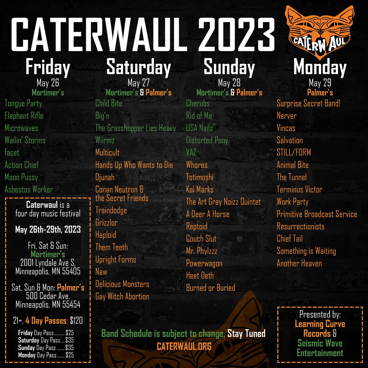 Caterwaul 2023 is Friday, May 26th through Monday, May 29th 2023 in Minneapolis, MN. 4 day passes available now-$120. single day passes now available. ticketstripe.com/caterwaul2023 #caterwaul #caterwaul2023