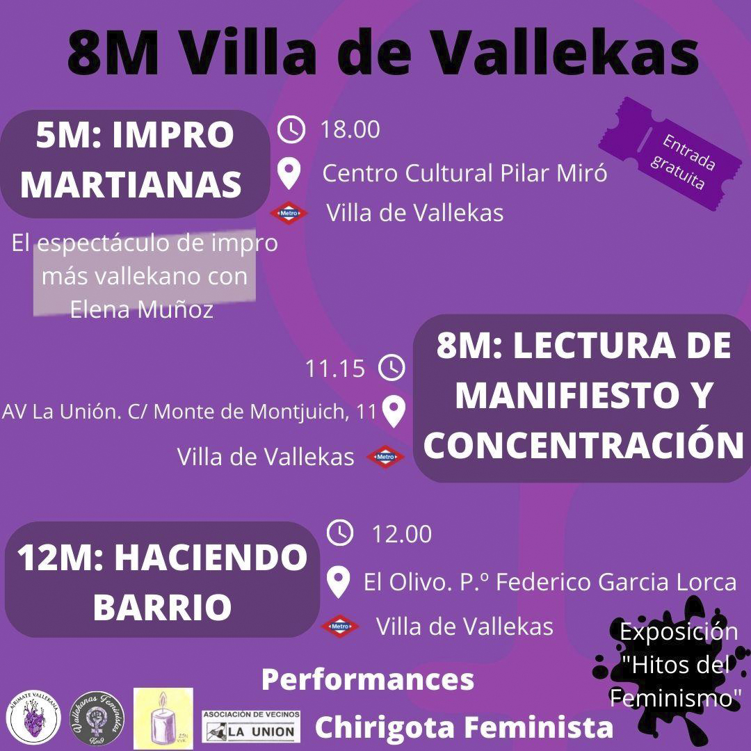 PortalVallecas's tweet photo. #8MVallekas: "Las #Vallecanas, nuestras amigas, hermanas, madres y abuelas volverán a clamar todas juntas porque son imparables ante todos aquellos machirulos, contra la #ViolenciaMachista y el #Patriarcado"

Vente a la #ReclamaLaNoche y el #8M desde Portazgo con @8MVallekas 💜💪🏽 https://t.co/Yj2HAusG2I