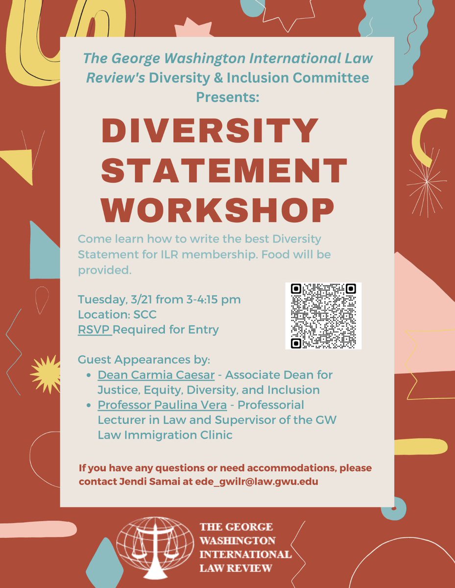 Please join our D&amp;I committee for a Diversity Statement Workshop on Tuesday, March 21. Students may submit a diversity statement to supplement their Journal Competition! 📝👀 RSVP is required for entry and food. Please contact Jendi  at ede_gwilr@law.gwu.edu. 📲💻
