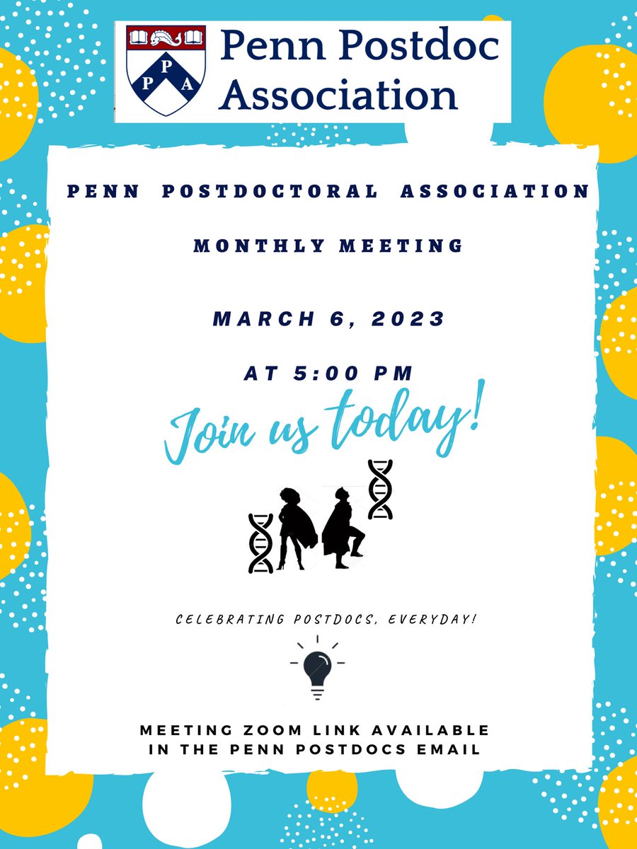 PennPPA's tweet photo. Join the Penn Postdoctoral Association’s Monthly Meeting today (virtual), March 6th at 5pm. 

Your active participation in the council activities is a great way to add your voice to issues concerning postdoctoral training/life at #Penn. 

(Zoom Link in the PPA email)

#PENNPPA https://t.co/rJNZvRBq8Y