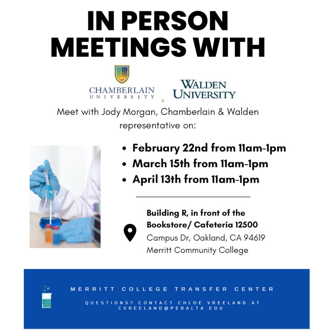 TransferMerritt's tweet photo. Meet in-person with Jody Morgan, Chamberlain &amp; Walden University representative, and learn more about the admission process!

Location: Building R, in front of the Bookstore/Cafeteria, at Merritt Community College

@chamberlainedu @WaldenU @PeraltaColleges  @MerrittCollege https://t.co/Z47hjVyKg6