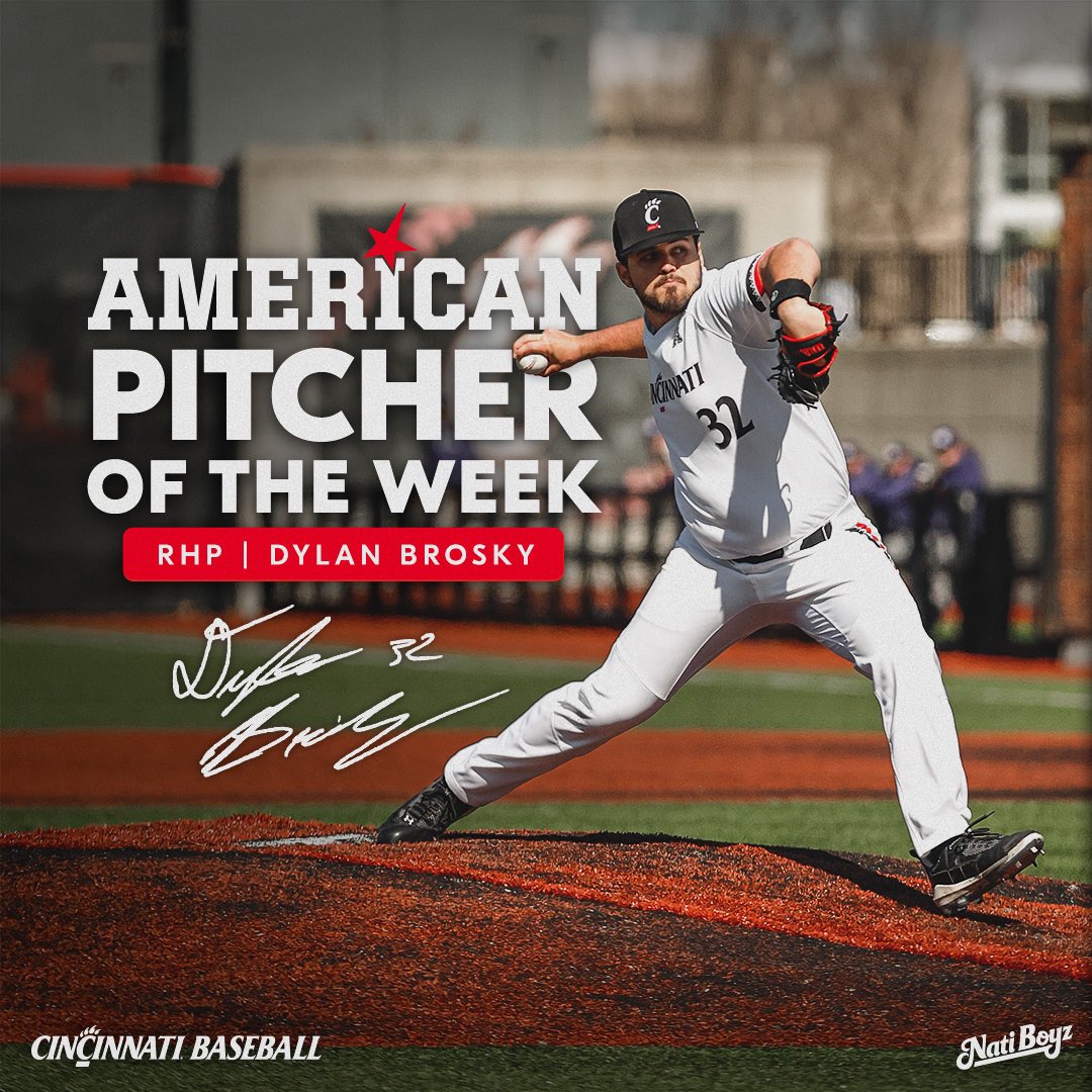 GoBearcatsBASE's tweet photo. As if there was any doubt... RHP Dylan Brosky's complete game shutout earns him @American_BSB Pitcher of the Week! 

🏆 W, 7.0 IP, 2 H, 0 R, 0 ER, 1 BB, 7 K

📰: https://t.co/9un32BvfTk https://t.co/8Hx9Qpuwcl