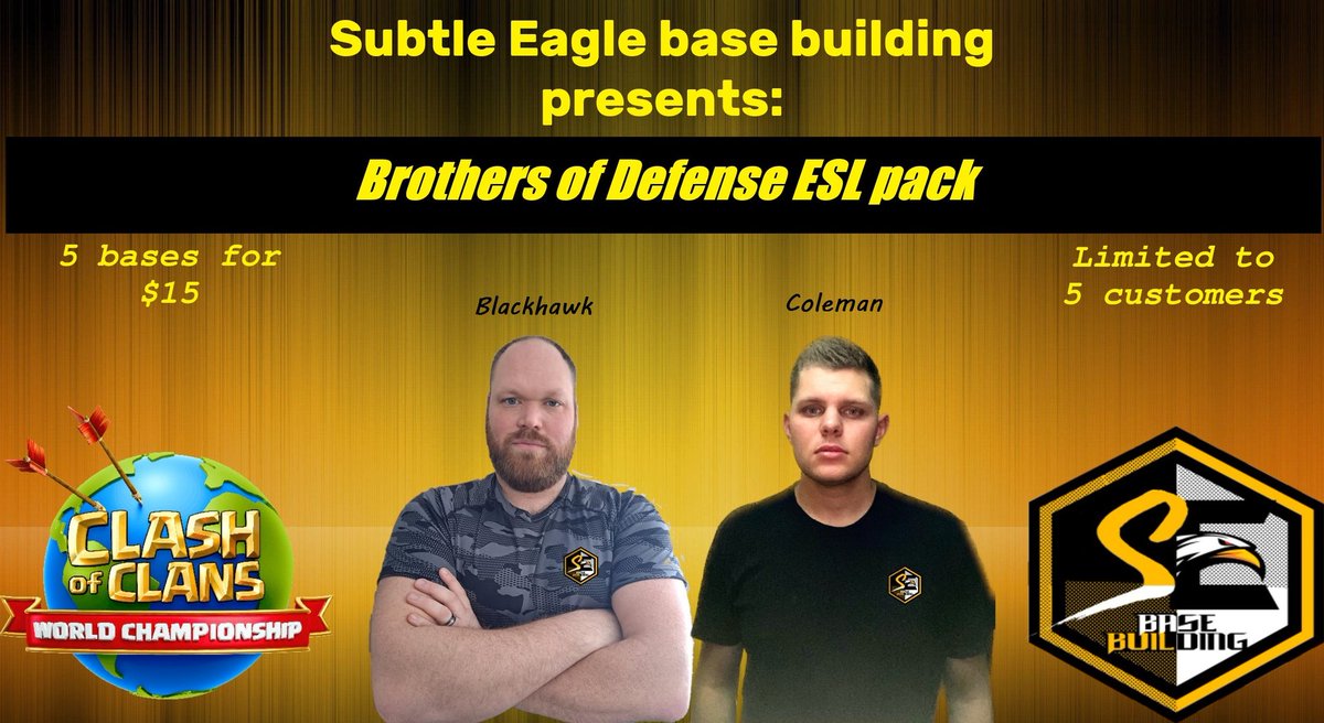 SubtleEagle's tweet image. This pack speaks for itself 🤩

2 exemplary pro builders bringing you some rockin defenses ready for the big leagues coming up!  ⚔️

😤
@BoT_Blackhawk 
@ColemanCOC