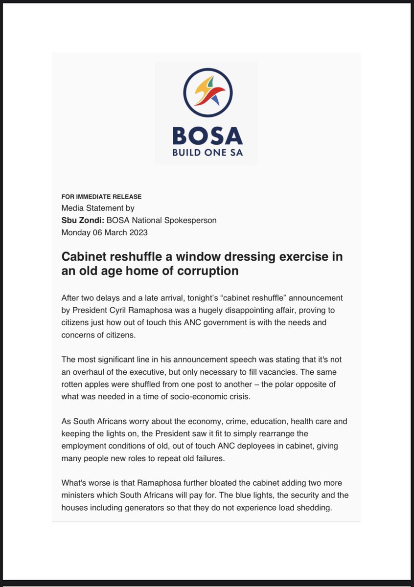MmusiMaimane's tweet photo. ‼️ Media Statement‼️ #CabinetReshuffle

Cabinet reshuffle was a window dressing exercise in an old age home of corruption. https://t.co/AXf4MGIp75