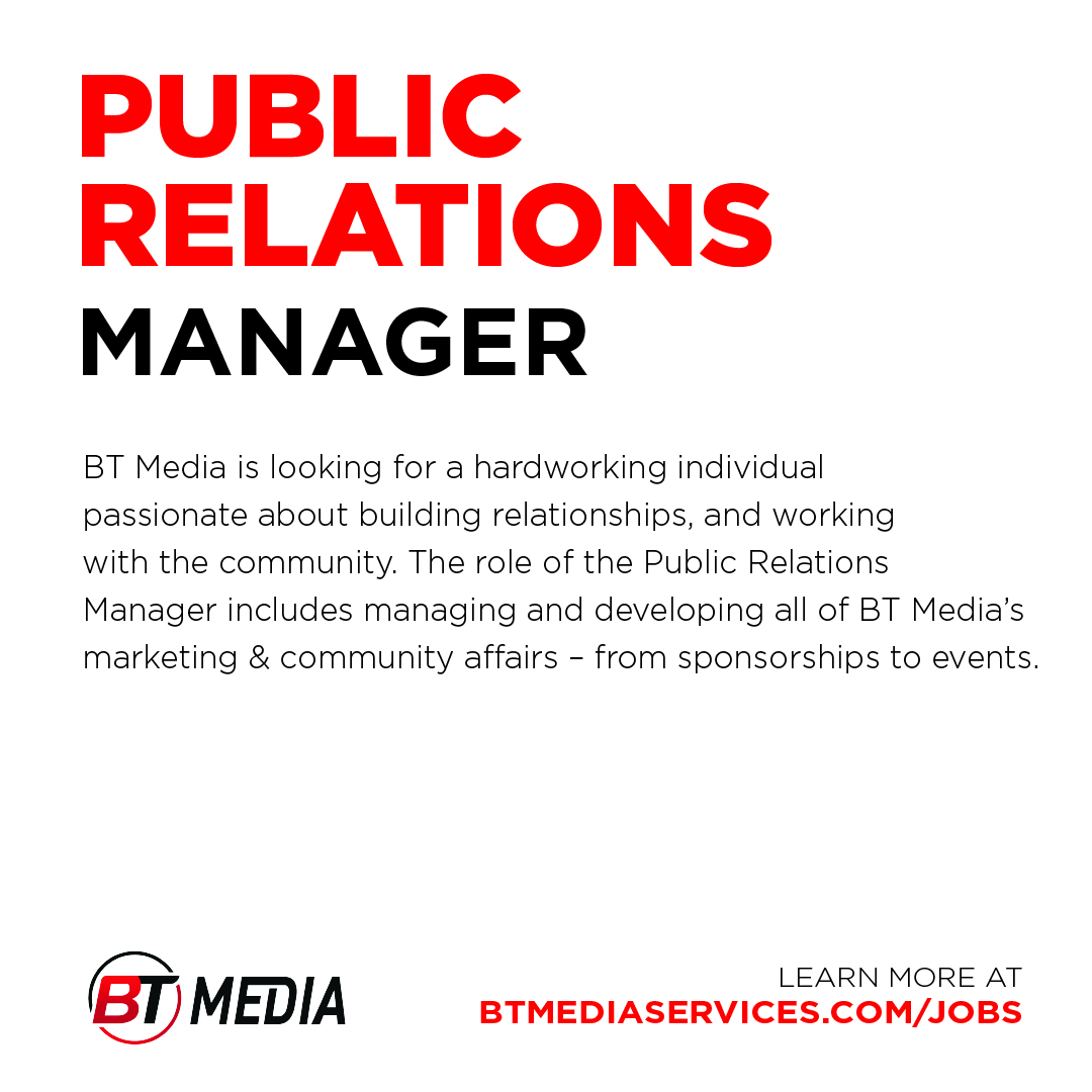 BTMediaServices's tweet photo. WE'RE HIRING! 

BT Media is looking for hard-working &amp; passionate individuals to join our team! We're looking to add a Public Relations Manager and Video Director to help build &amp; grow our award-winning business!

Learn more at https://t.co/D0wl18COcj https://t.co/bpAT4LYQo0
