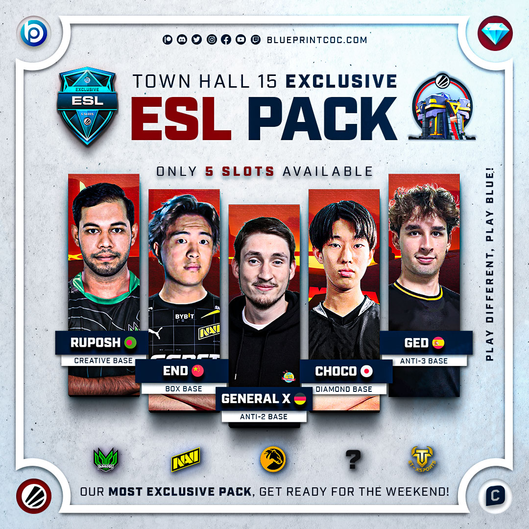 💎┋Our Most Exclusive Pack is here!

↗ blueprintcoc.com/ESL-Exclusive

🛠┋5 TH15 ESL Top quality bases ready for every eSports challenge, by

<a href="/Choco__Ninja/">Choco</a> 
<a href="/end7_coc/">NAVI End</a> 
<a href="/GedCoC/">Ged</a> 
<a href="/Ruposh_Rahman/">Ruposh</a> 
<a href="/GeneralX_coc/">SG General X</a> 

▶️ Remember, it's only🔒5 SLOTS!

⏰┋GET YOURS!
