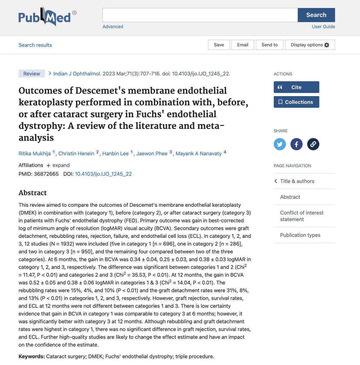 Our systematic review comparing DMEK before, after or simultaneously with cataract surgery in Fuchs Endothelial Dystrophy lnkd.in/ecgxMQBK....
Thanks to <a href="/dr_ritika_eye/">Ritika Mukhija</a>; <a href="/ChristinHenein/">Christin Henein</a>; Han Bin Lee; Jaewon Phee.  #dmek; #cataractsurgery; #fuchs #surgery
